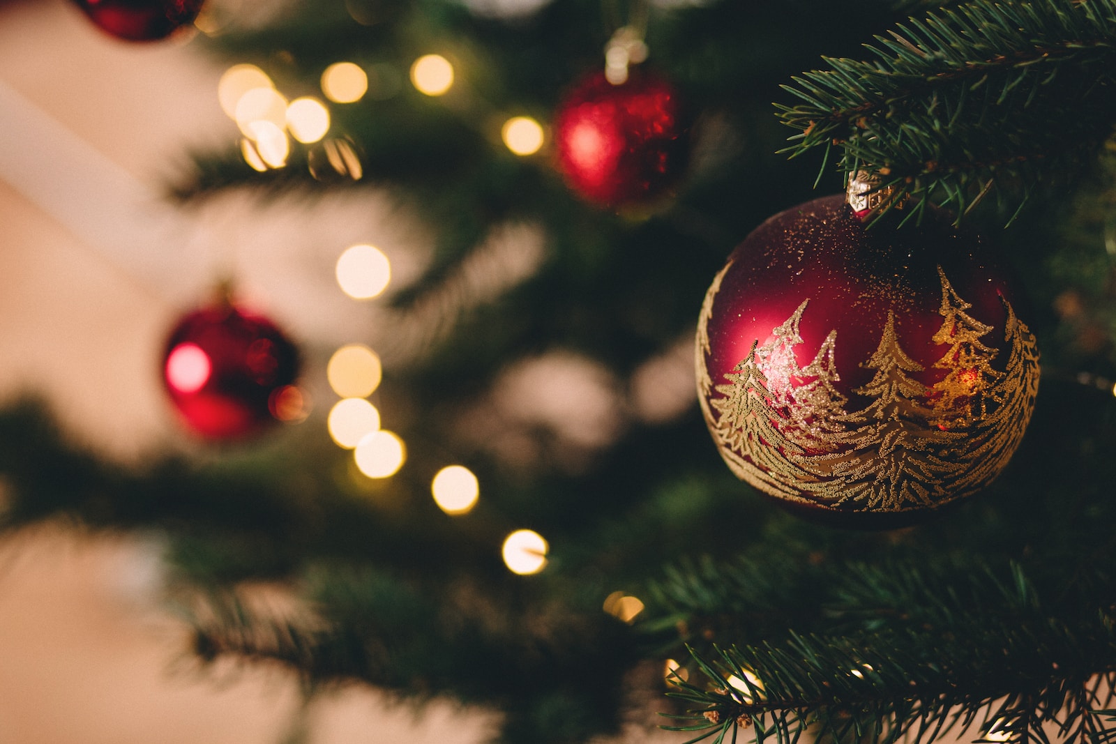 shallow focus photography of red bauble on christmas tree in goa